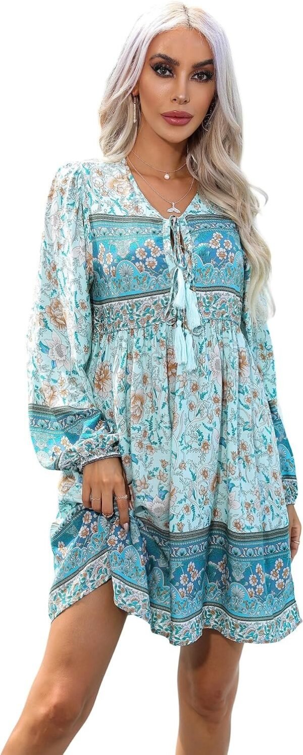 Connecteri  Womens Long Sleeve Floral Casual Print Cotton Mini Tunic Dress
