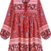 Connecteri  Womens Long Sleeve Floral Casual Print Cotton Mini Tunic Dress