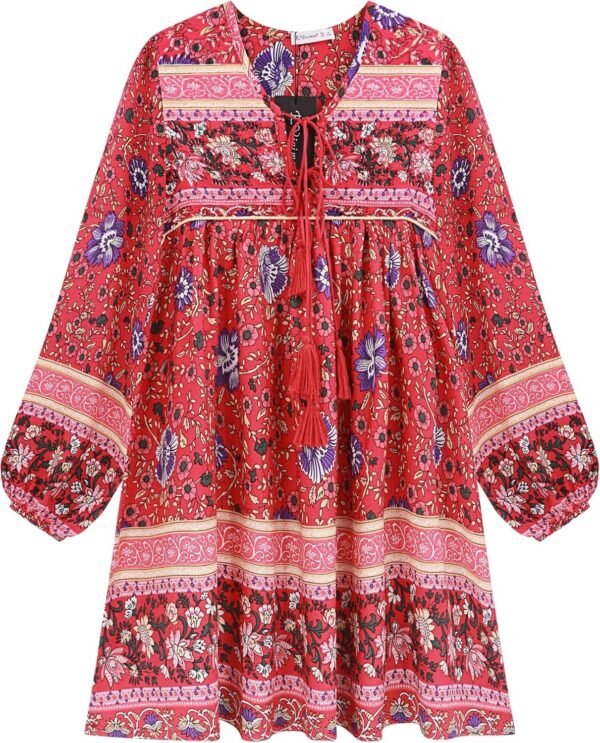 Connecteri  Womens Long Sleeve Floral Casual Print Cotton Mini Tunic Dress