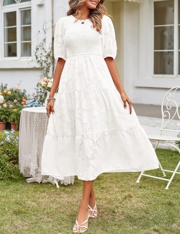 Connecteri  Women's 2024 Summer Puff Sleeve Smocked Floral Dress Crewneck Lace Flowy Tiered Midi Dresses