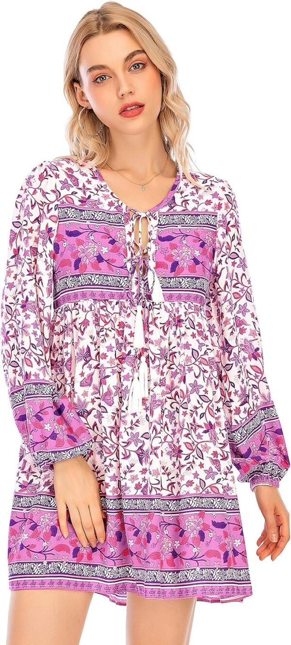 Connecteri  Womens Long Sleeve Floral Casual Print Cotton Mini Tunic Dress