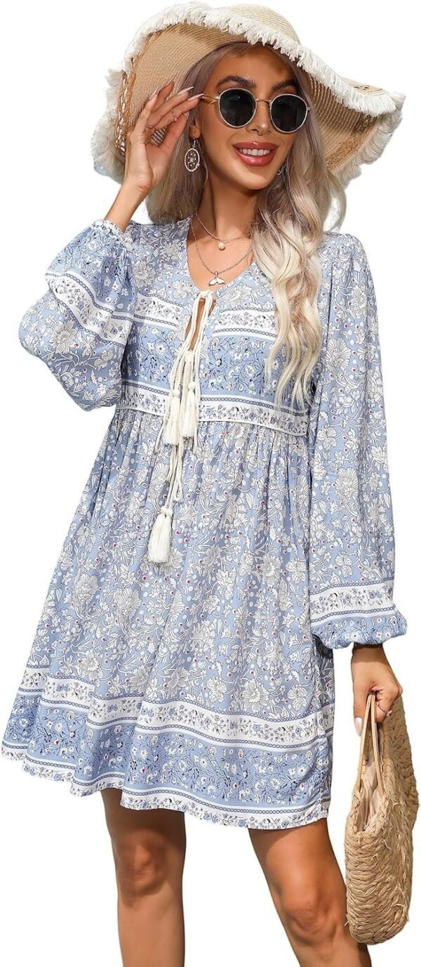Connecteri  Womens Long Sleeve Floral Casual Print Cotton Mini Tunic Dress
