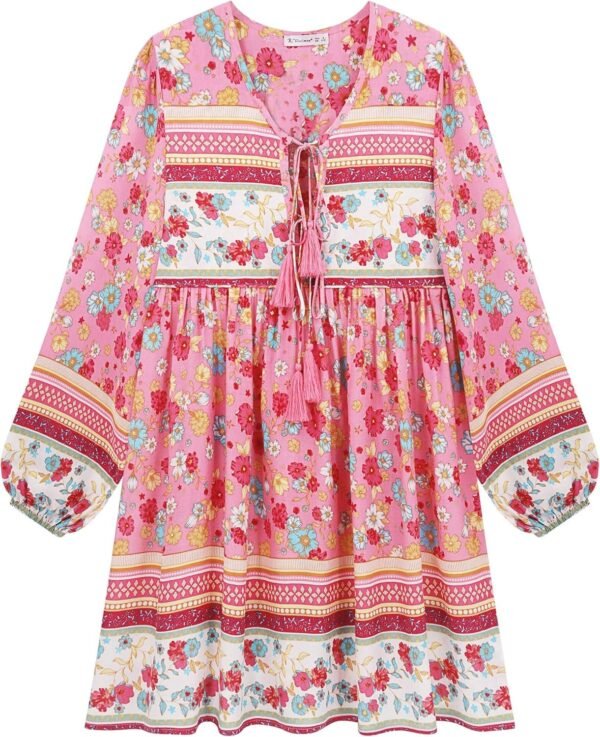 Connecteri  Womens Long Sleeve Floral Casual Print Cotton Mini Tunic Dress