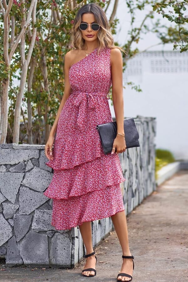 Connecteri?Womens Summer Floral One Shoulder Tiered Ruffle Flowy Midi Beach Boho Dress