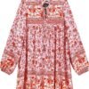 Connecteri  Womens Long Sleeve Floral Casual Print Cotton Mini Tunic Dress