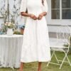 Connecteri  Women's 2024 Summer Puff Sleeve Smocked Floral Dress Crewneck Lace Flowy Tiered Midi Dresses