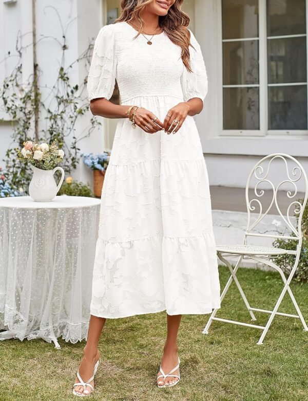 Connecteri  Women's 2024 Summer Puff Sleeve Smocked Floral Dress Crewneck Lace Flowy Tiered Midi Dresses