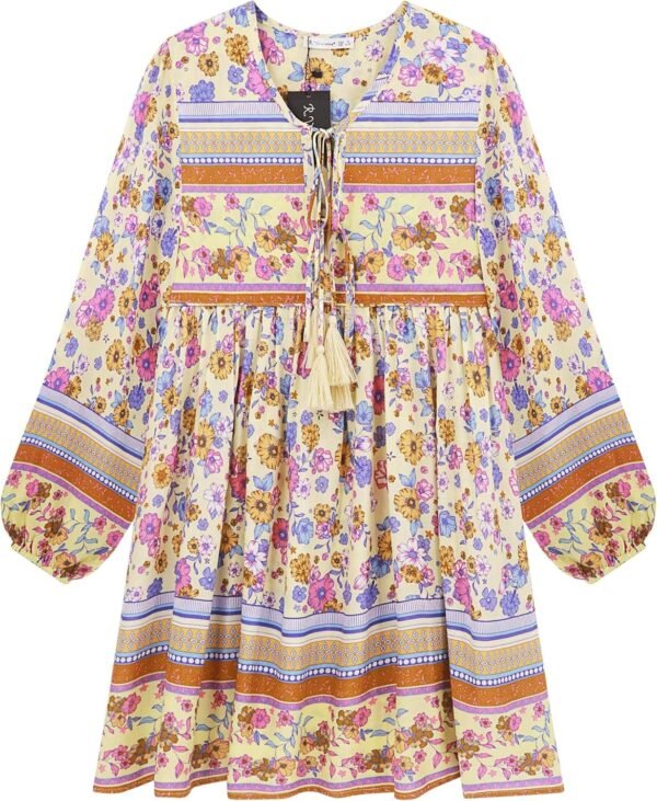 Connecteri  Womens Long Sleeve Floral Casual Print Cotton Mini Tunic Dress