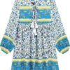 Connecteri  Womens Long Sleeve Floral Casual Print Cotton Mini Tunic Dress