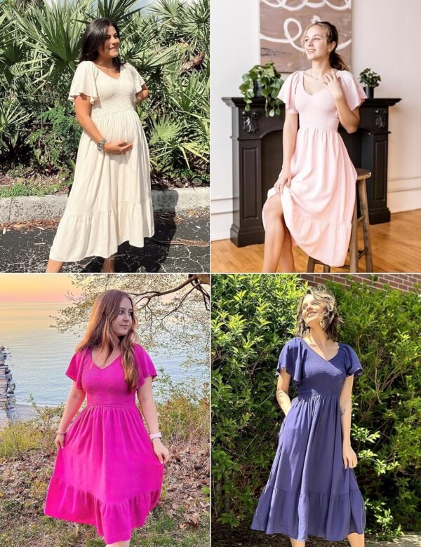 Connecteri  Women's Summer Casual V Neck Ruffle Sleeve Smocked High Waist Midi Dress with Pockets