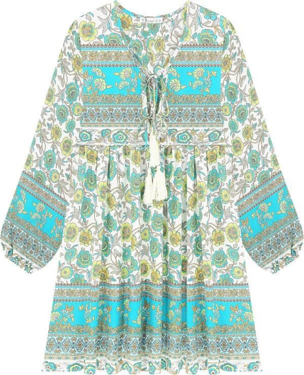 Connecteri  Womens Long Sleeve Floral Casual Print Cotton Mini Tunic Dress