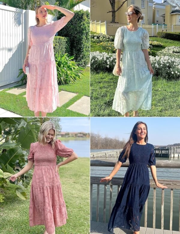 Connecteri  Women's 2024 Summer Puff Sleeve Smocked Floral Dress Crewneck Lace Flowy Tiered Midi Dresses